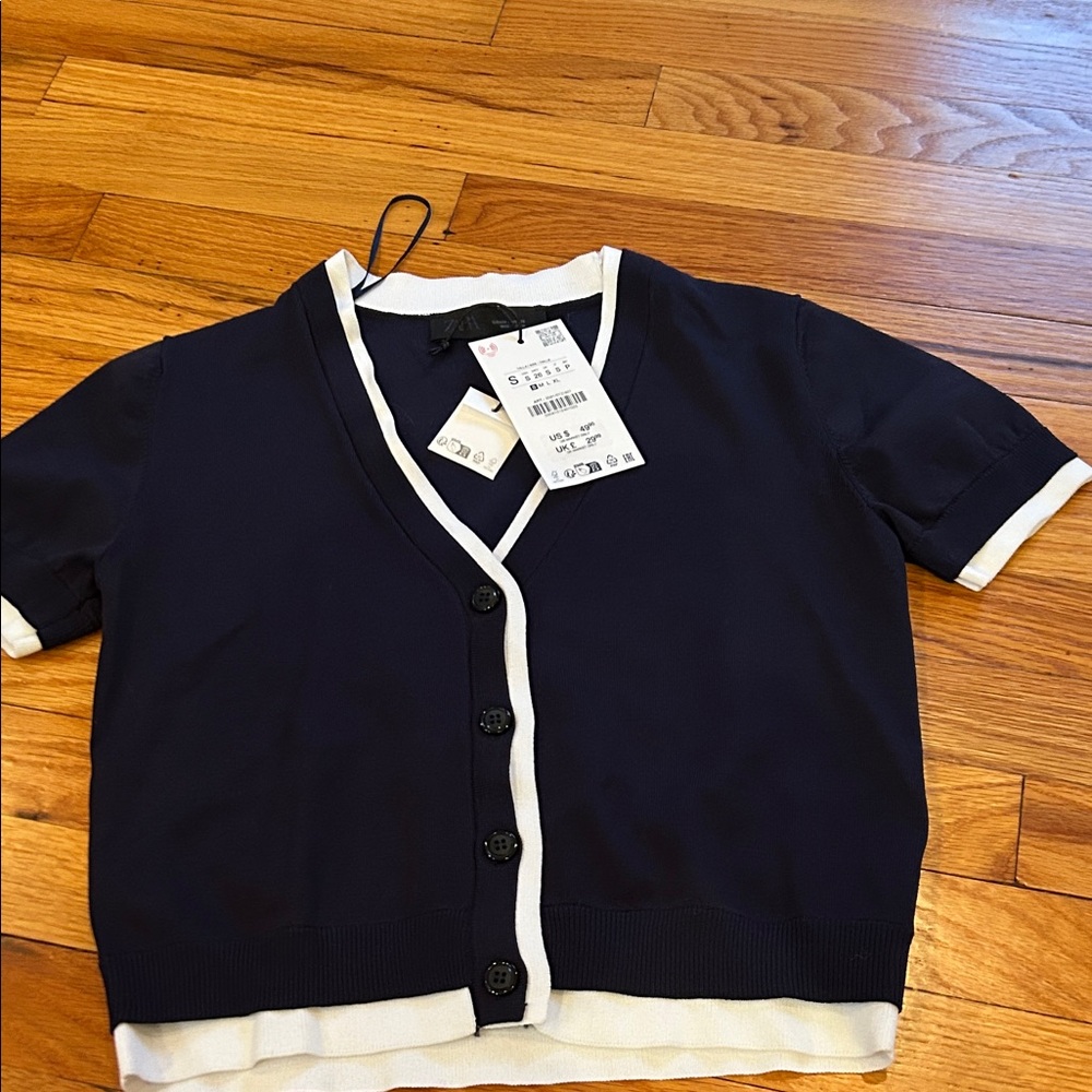 Zara Navy Blue and White Short Sleeve Button Down Cardigan